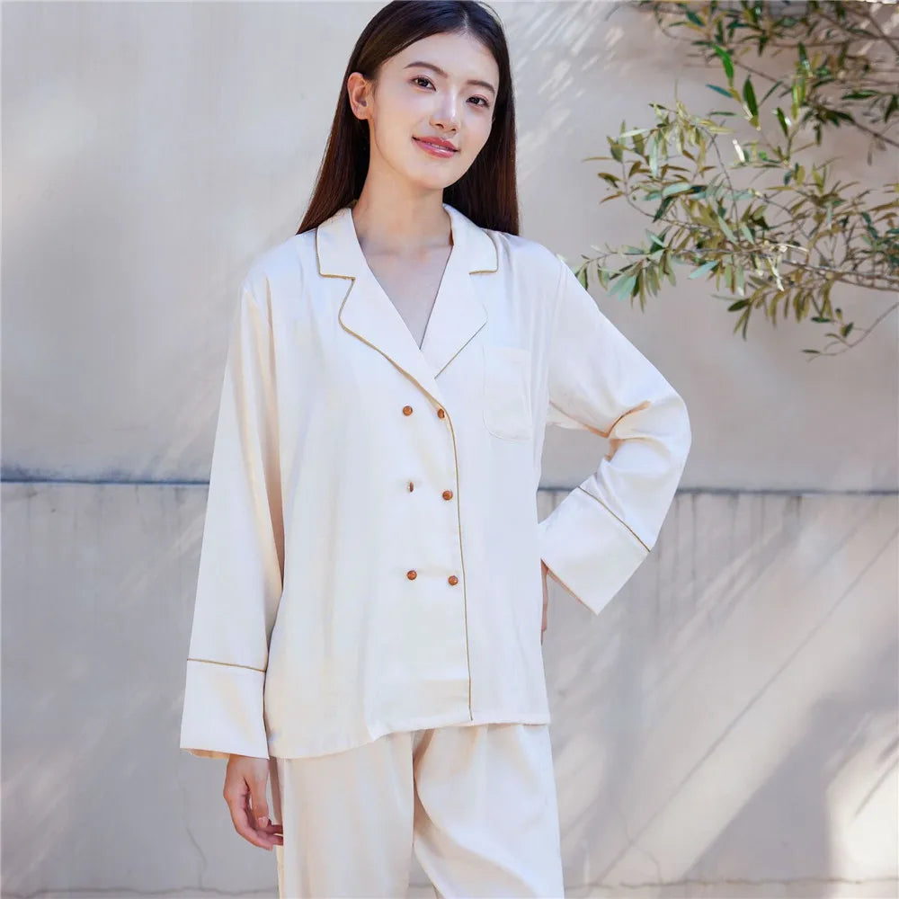 Women Pajamas Set Sleepwear Sexy Double-Breasted Jacquard Satin Pijamas Suit Spring Home Wear Loungewear