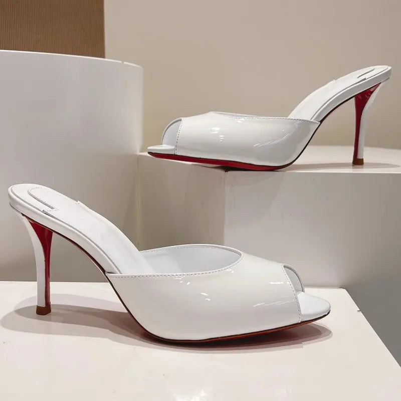 Women Luxury High Heeled Shoes for Woman's Peep Toe Pointed Toe Patent Leather Pumps Sexy Ladies Stiletto Red Party Sandals