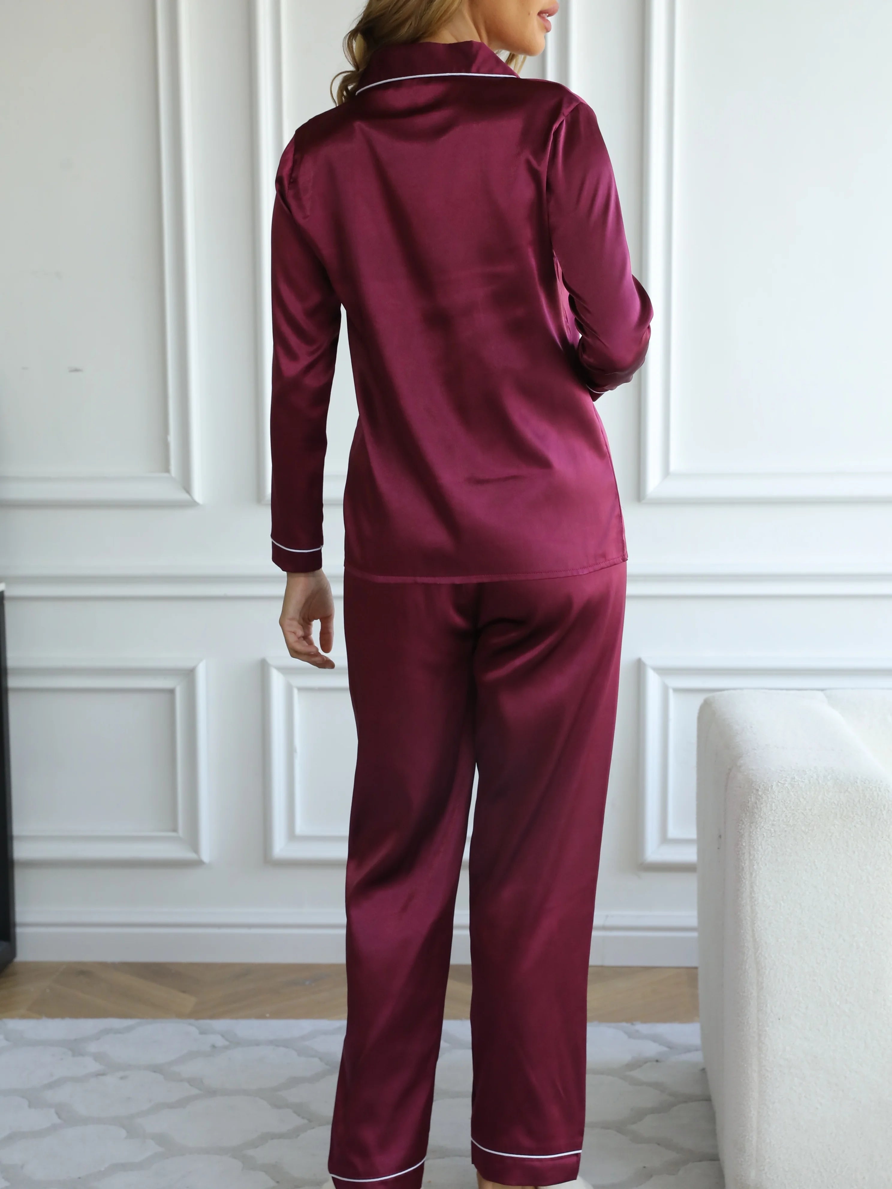 Conjunto de pijama liso de manga larga con botones y cuello tipo solapa, top y pantalones, conjunto de ropa de dormir y de estar para mujer