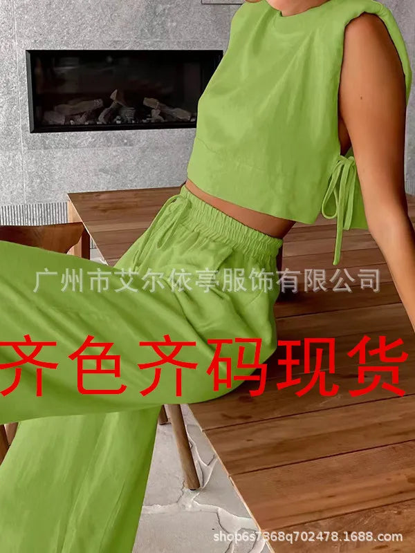 Cotton And Linen Pant Sets Women Sleeveless Leace-up Short Tops Drawstring Long Pants Two Piece Set Commuting 2025 Summer New