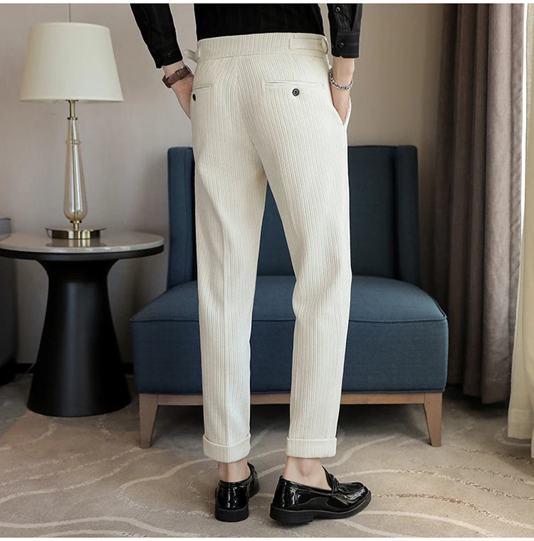 Nuevo pantalón informal de cintura alta de felpilla napolitana de lujo ligero para hombres, pantalón de vestir para hombres de ajuste delgado con sensación premium, pantalón