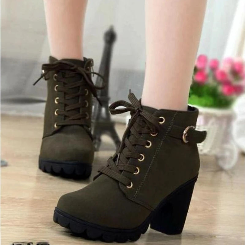 Botines de tacón alto con cordones para mujer – Diseño de plataforma con hebilla de moda