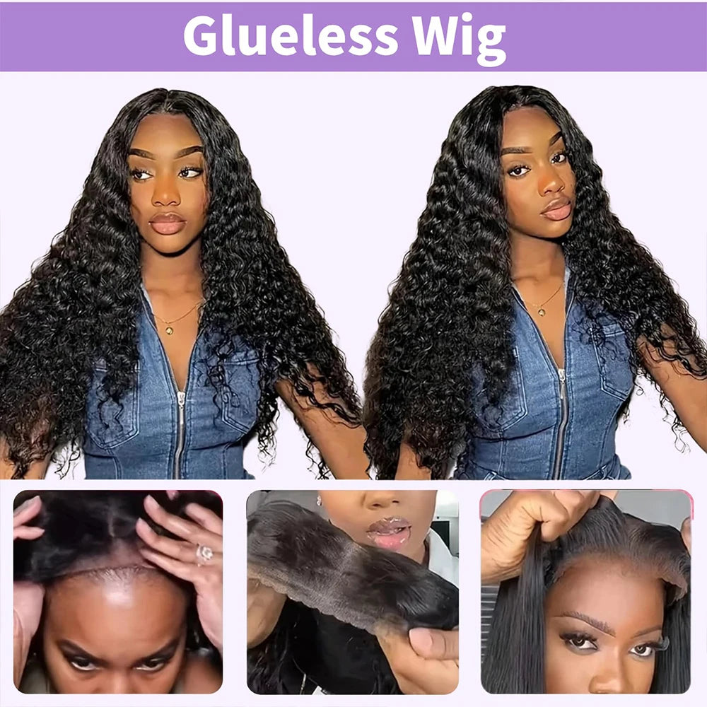 Pelucas sin pegamento Wear and Go de 42 pulgadas, cabello humano, pre arrancado, precortado, pelucas con cierre de encaje HD de 5x5, peluca Deep Wave de 250% de densidad para mujer