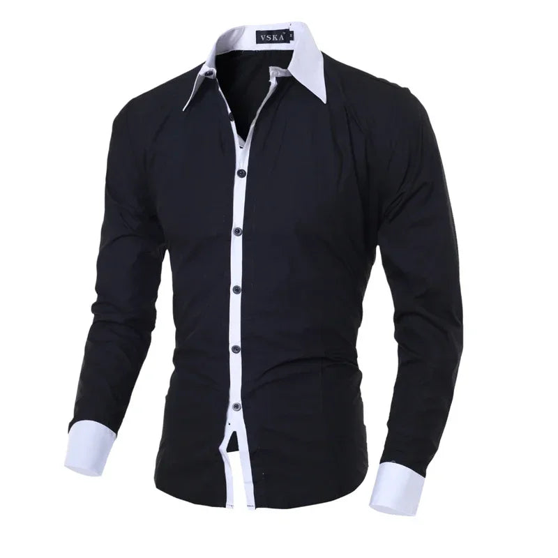 Men Long Sleeve Shirt Spring Striped Shirts Slim Fit Male Casual Social Patchwork Shirt Turn-down Collar Camisa Masculina