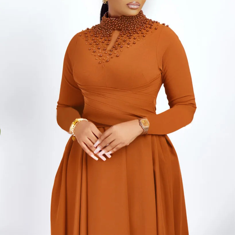 Vestido Elegante Africano para Mujer, Vestidos de Noche con Cuello Alto y Cuentas a la Moda, Vestido Delgado de Temperamento para Mujer, Vestidos Casuales de Manga Larga