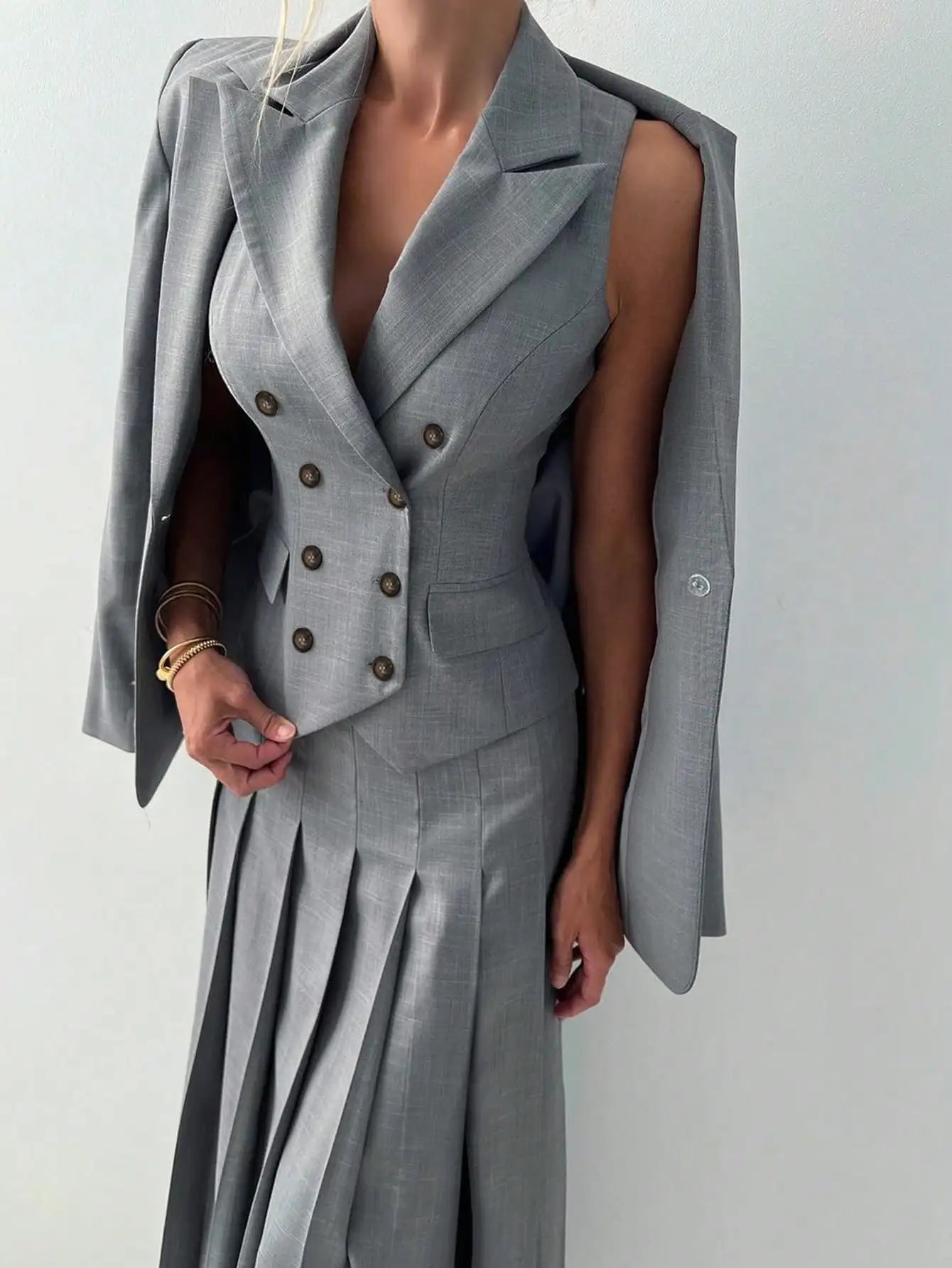 Conjunto de 3 piezas de traje elegante de negocios para mujer: Chaleco entallado para primavera/verano, falda midi plisada, adecuado para la mujer de oficina