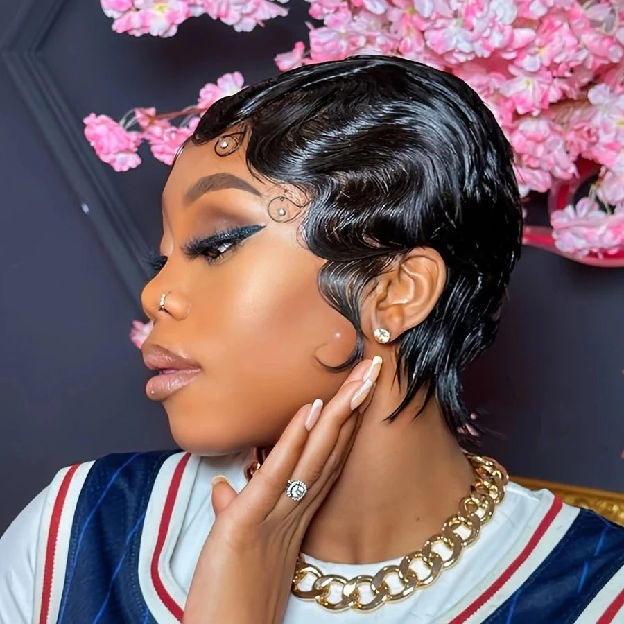 Pixie Cut Human Hair Wig Finger Waves Premium Full Machine Made 150% Density