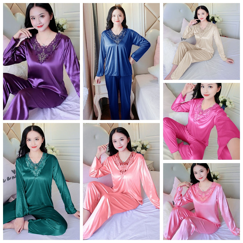 Women's Pajamas Set Summer Long Sleeve And Pants Pyjamas Two-piece Set Pajama Ice Silk Satin Sexy Sleepwear Home Suit Loungewear