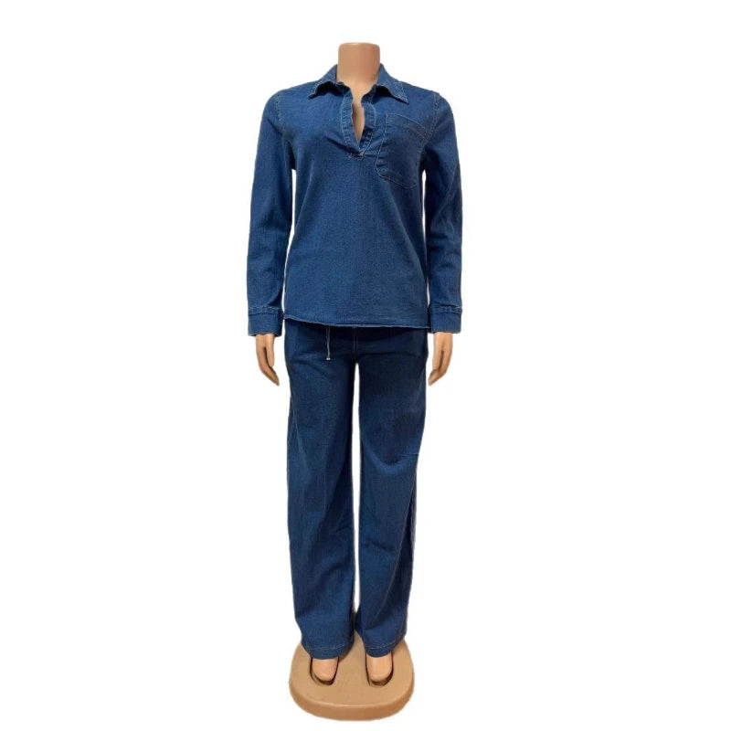 Conjunto de pantalón de mezclilla para mujer, dos piezas, cuello vuelto, camisa de jeans para mamá, tops, pantalones largos de pierna ancha, pantalones rectos, ropa de calle Y2k