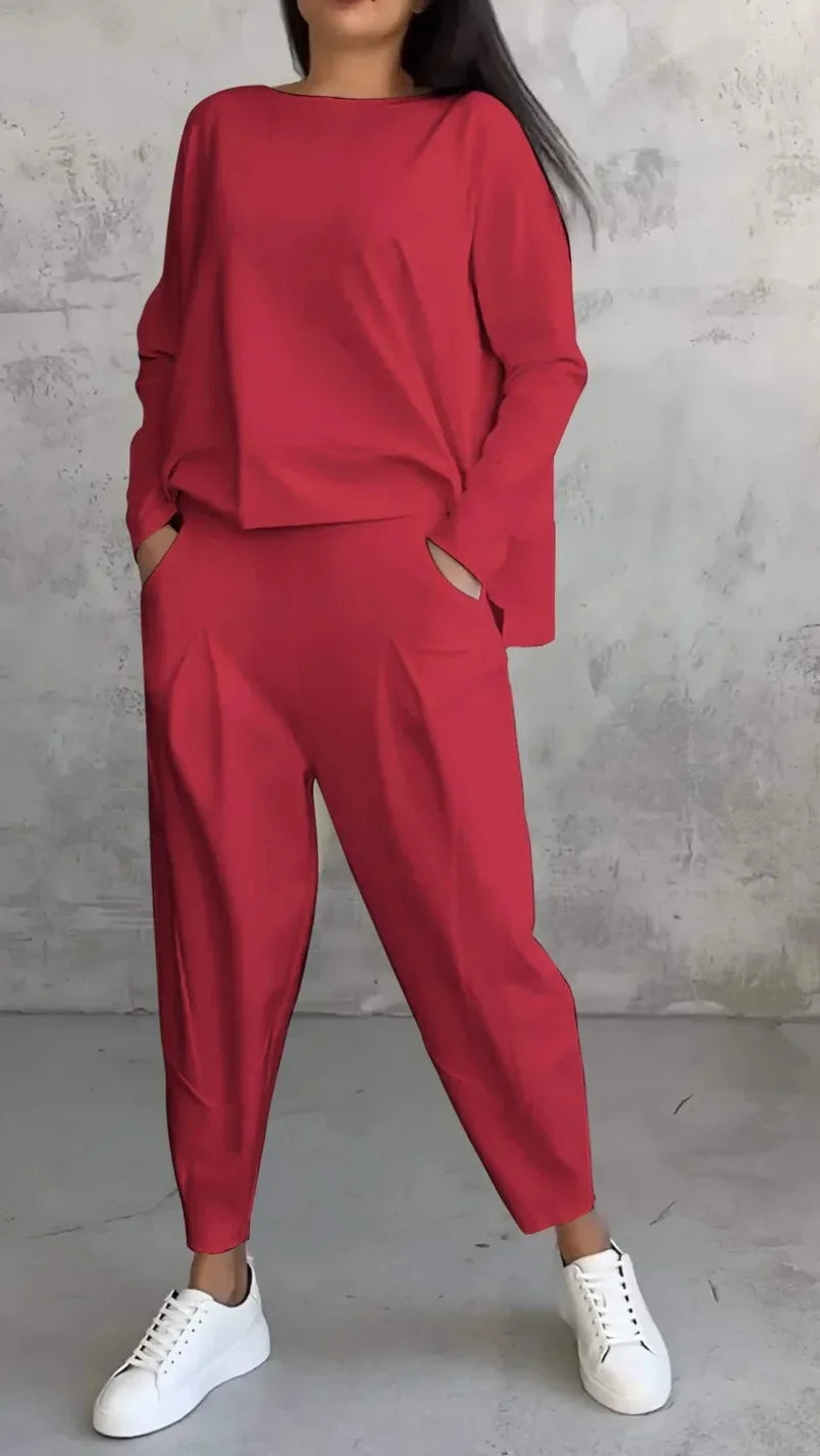 Conjuntos de dos piezas de pantalón para mujer, tops lisos de manga larga, cuello redondo, casual, pantalones largos de cintura media, bolsillos, elegante regular