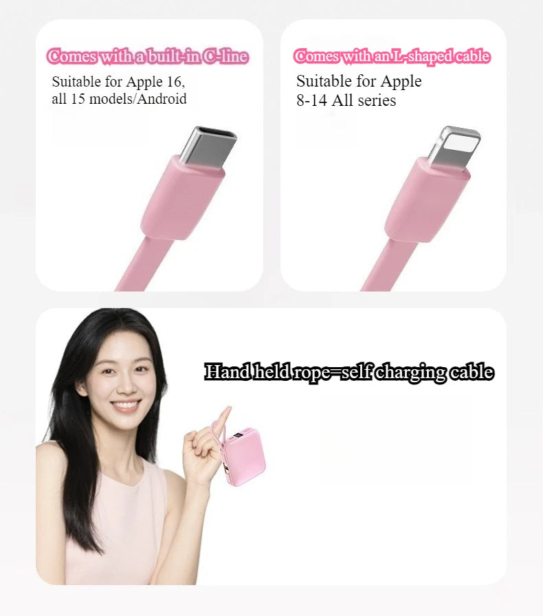 10000 mAh powerbank 22,5 W superrask lading, kompakt og bærbar med egen kabel, Mini 3C-sertifisert mobil strømforsyning.