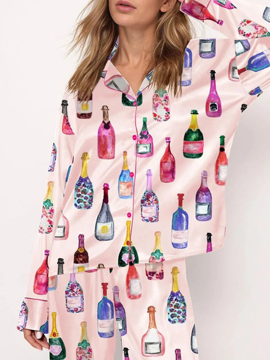 Conjuntos de pijamas de satén para mujer, 2 piezas, botella de champán, copas de vino, camisa de manga larga con botones, pantalones, ropa de satén de seda para estar en casa