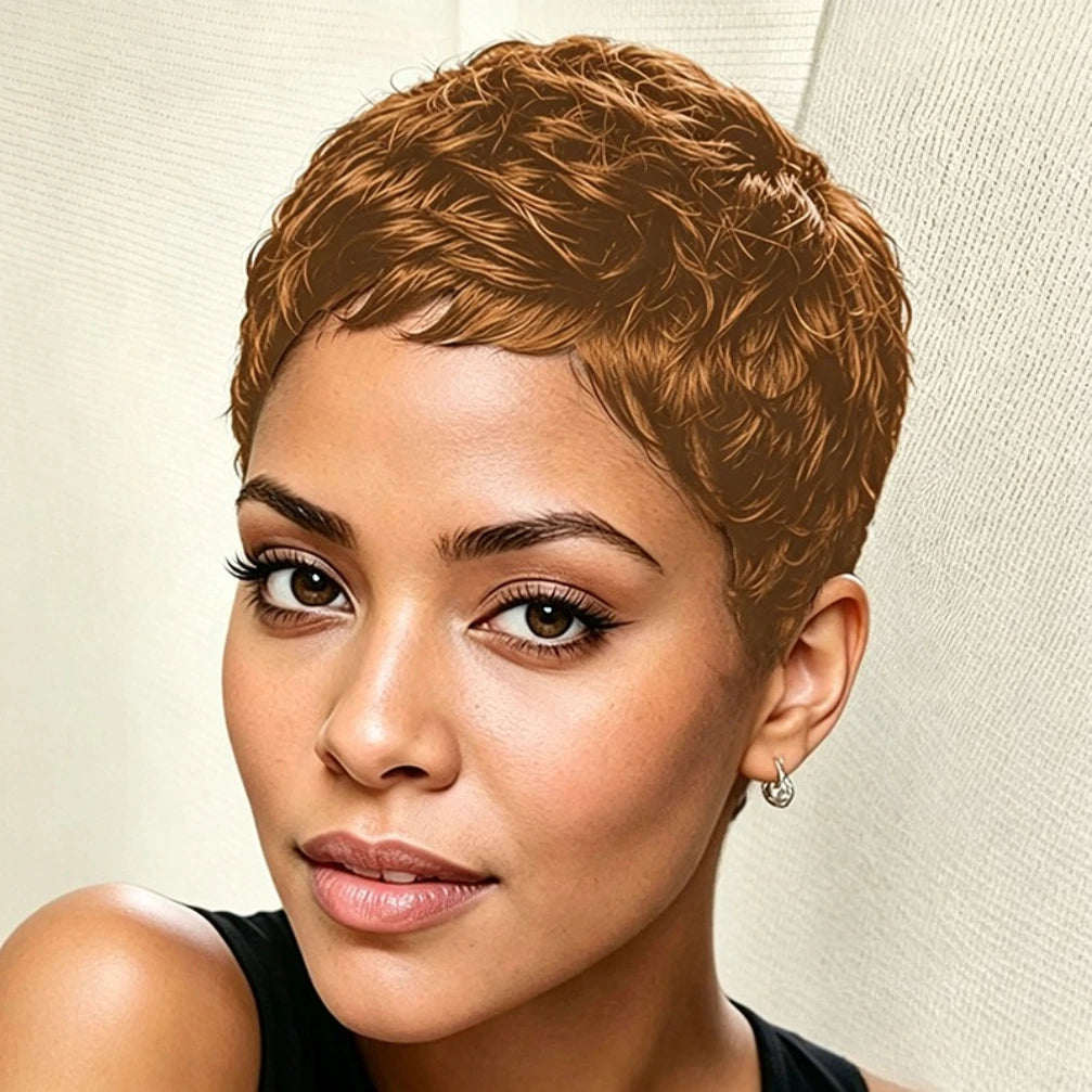 Peluca rizada ondulada 150% de densidad, corte pixie de 4 pulgadas, peluca de cabello humano rizado ondulado para mujer, peluca hecha a máquina para uso diario y fiesta