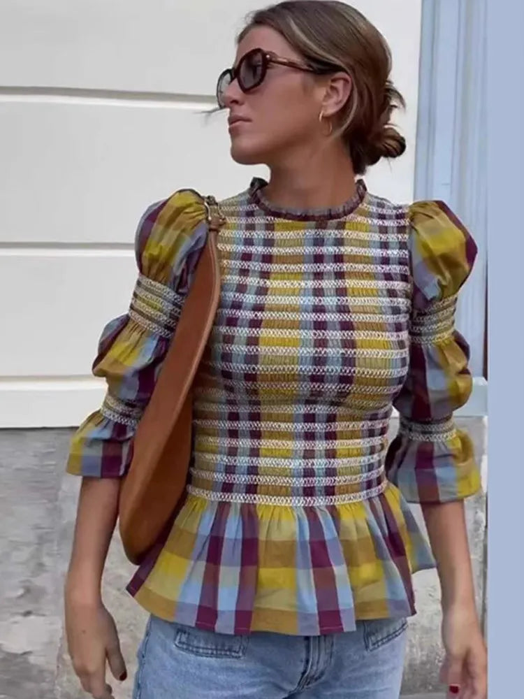 Tops para mujer Vintage a cuadros, elástico, plisado, camiseta informal con cuello redondo, manga larga, dobladillo con volantes, Top, primavera, elegante, para mujer, ropa de calle