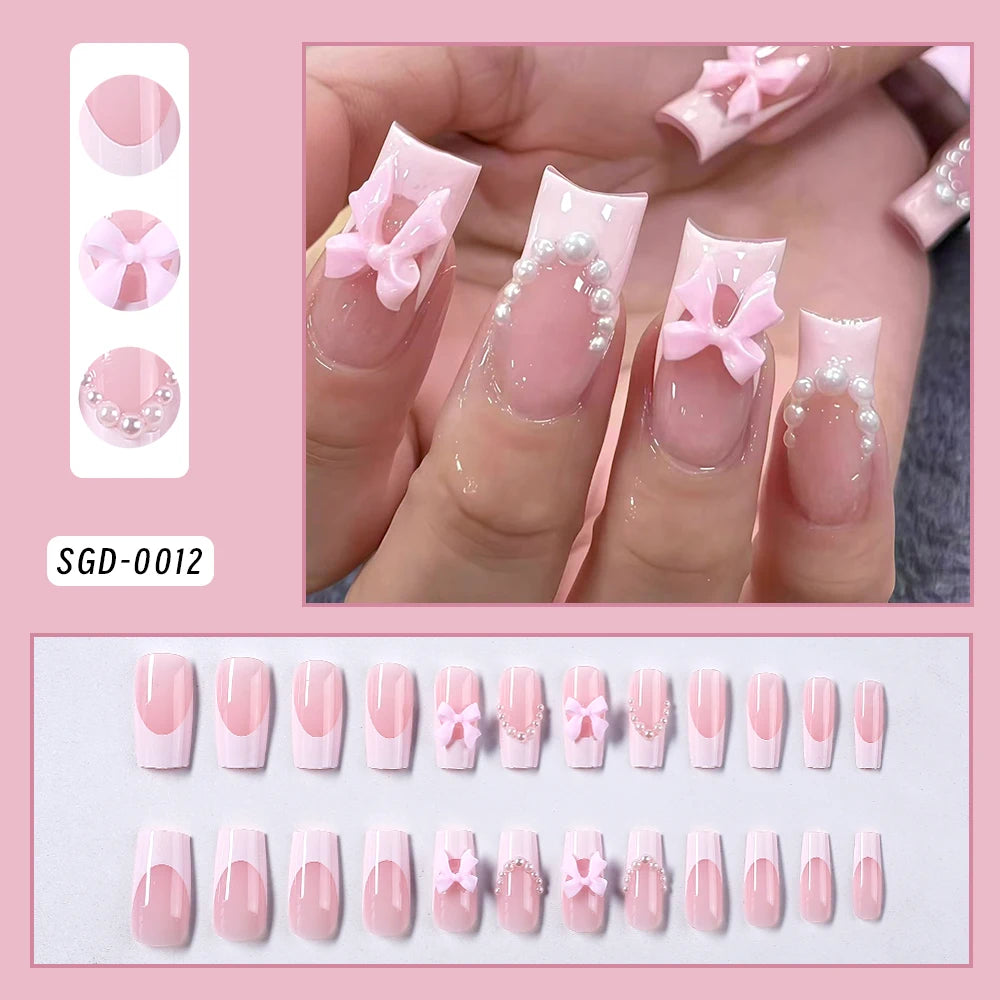 Uñas postizas de leopardo rosa de 24 piezas con punta francesa, cabeza cuadrada corta, lazo negro 3D, uñas postizas acrílicas de cobertura completa a presión