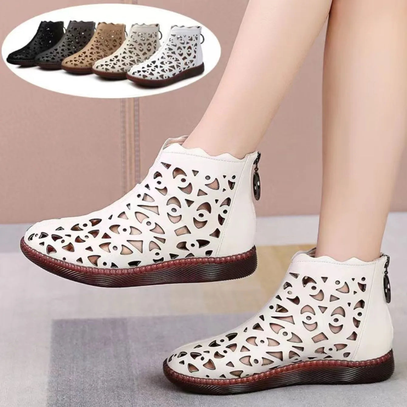 Women Boots New Spring Summer Leather Sandals Women Breathable Hole Boots Flat Soft Non-slip Comfortable Shoes for Women