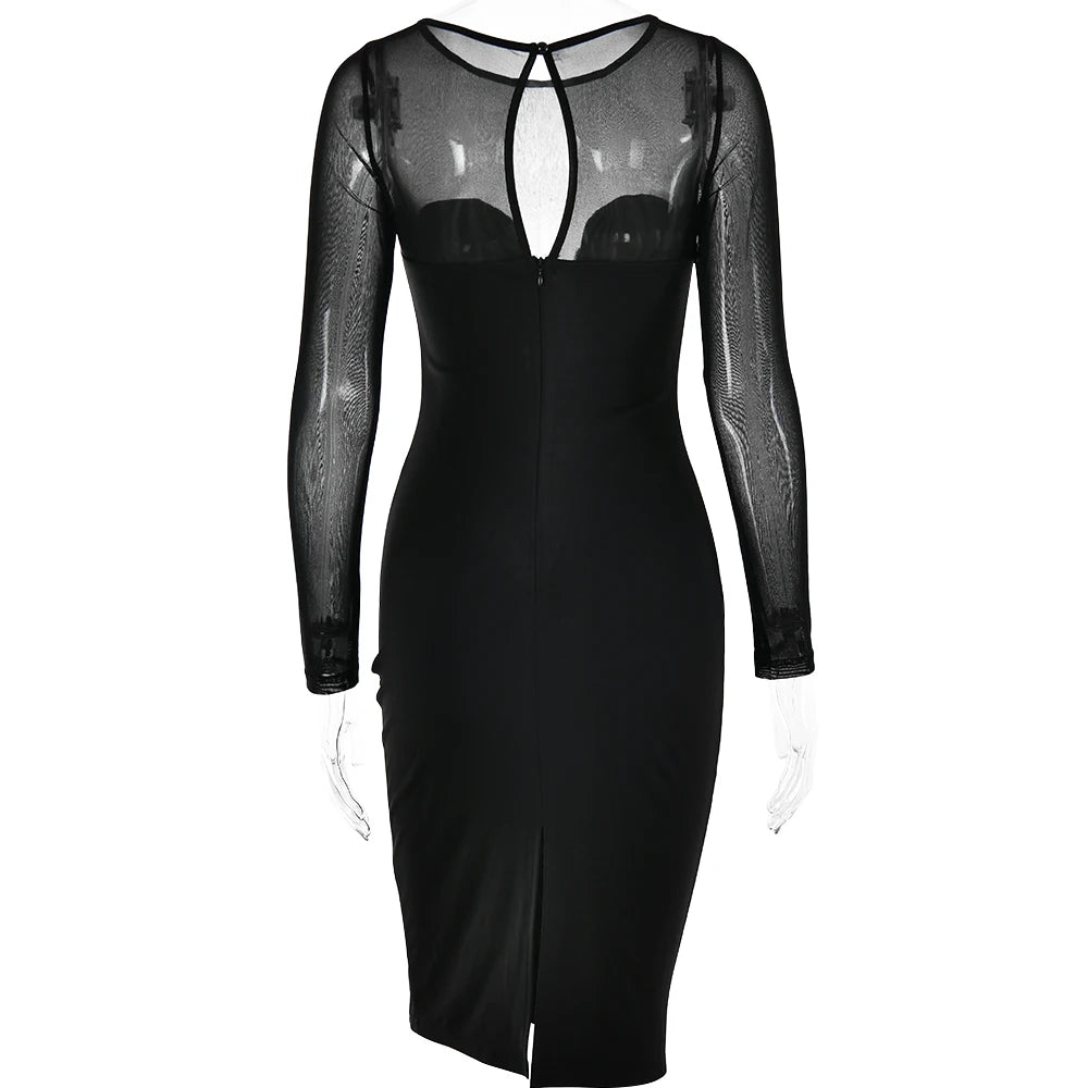 Articat Sexy Malla Patchwork Vestido Rojo de Navidad Mujer Manga Larga Ajustado Perspectiva Vestido de Noche Elegante Fiesta Club Vestidos