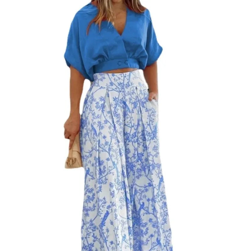Women Bell Bottom Pants Sets Solid Color Half Sleeve V-neck Shirt Printed Top Wide Leg Pants Summer Fashion 2 Piece Set Clothing