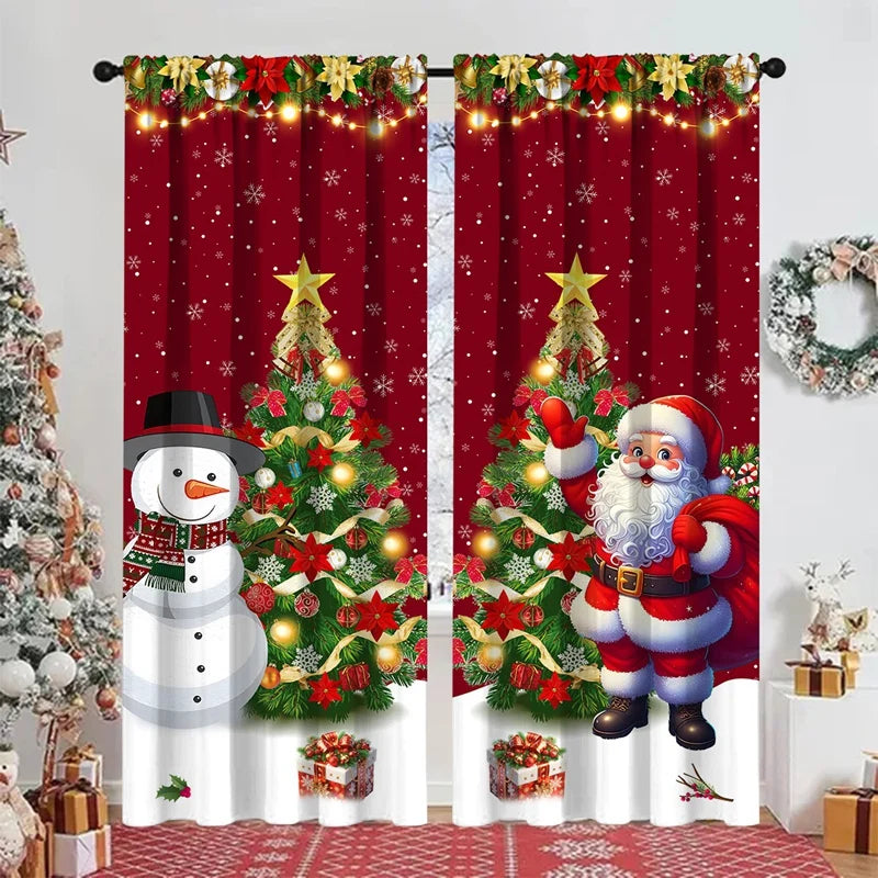 Lot de 2 rideaux à motifs de Noël, à œillets, pour salon, cuisine et chambre. Décorations de Noël pour la maison.