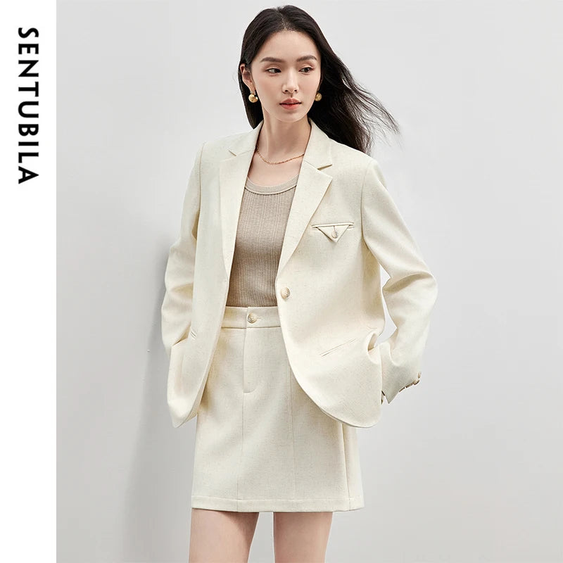 SENTUBILA Womens Skirt Suits Linen Blend Shoulder-pads Single Button Blazer Solid Elegant Mini Skirts Two Piece Sets 151Z58181
