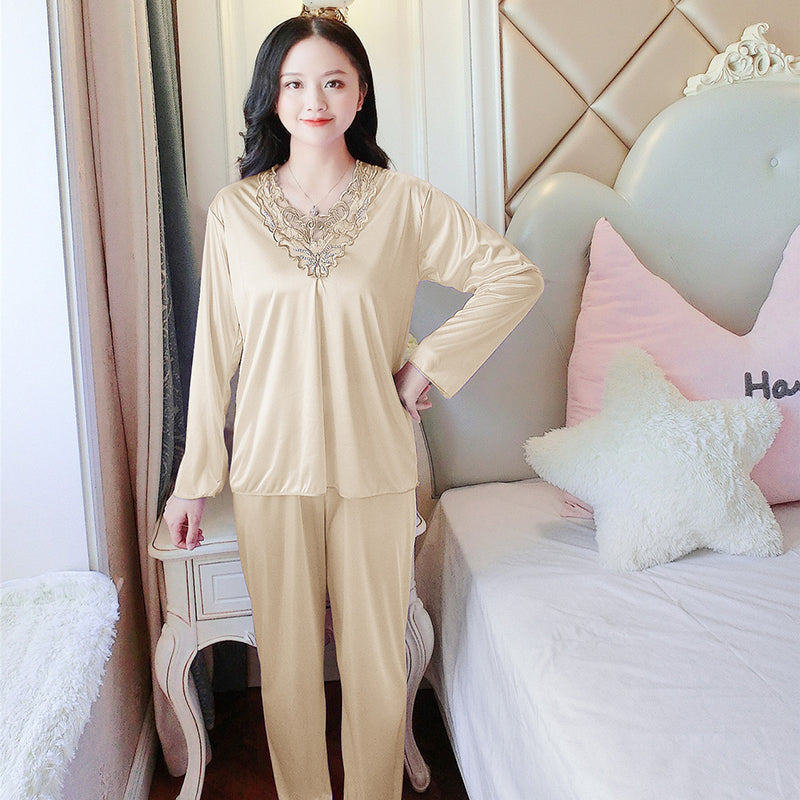 Women's Pajamas Set Summer Long Sleeve And Pants Pyjamas Two-piece Set Pajama Ice Silk Satin Sexy Sleepwear Home Suit Loungewear