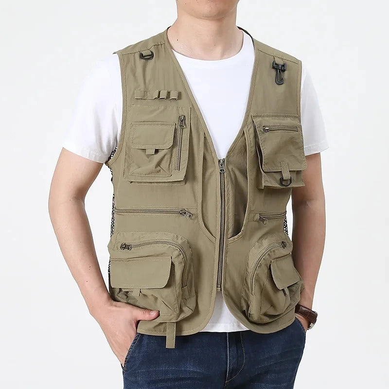 Nuevo chaleco táctico para hombre, chaleco de engranaje con correas, abrigo de verano para fotógrafo, chaleco de herramientas, muchos bolsillos, chaqueta de trabajo de malla sin mangas para hombre