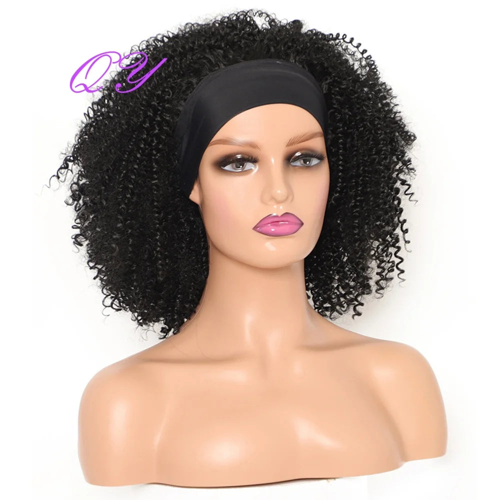 Synthetic Headband Wig Afro Kinky Curly Natural Black Color Turban Wig For Women Daily Or Party Use