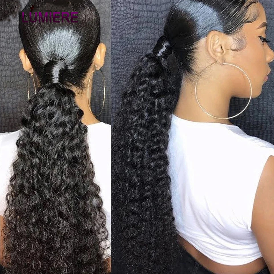 Afro Kinky Deep Water Curly Wave Wrap Around Drawstring Ponytail Human Hair Extensions 100% Real Human Hair Brazilian Clip In Fo