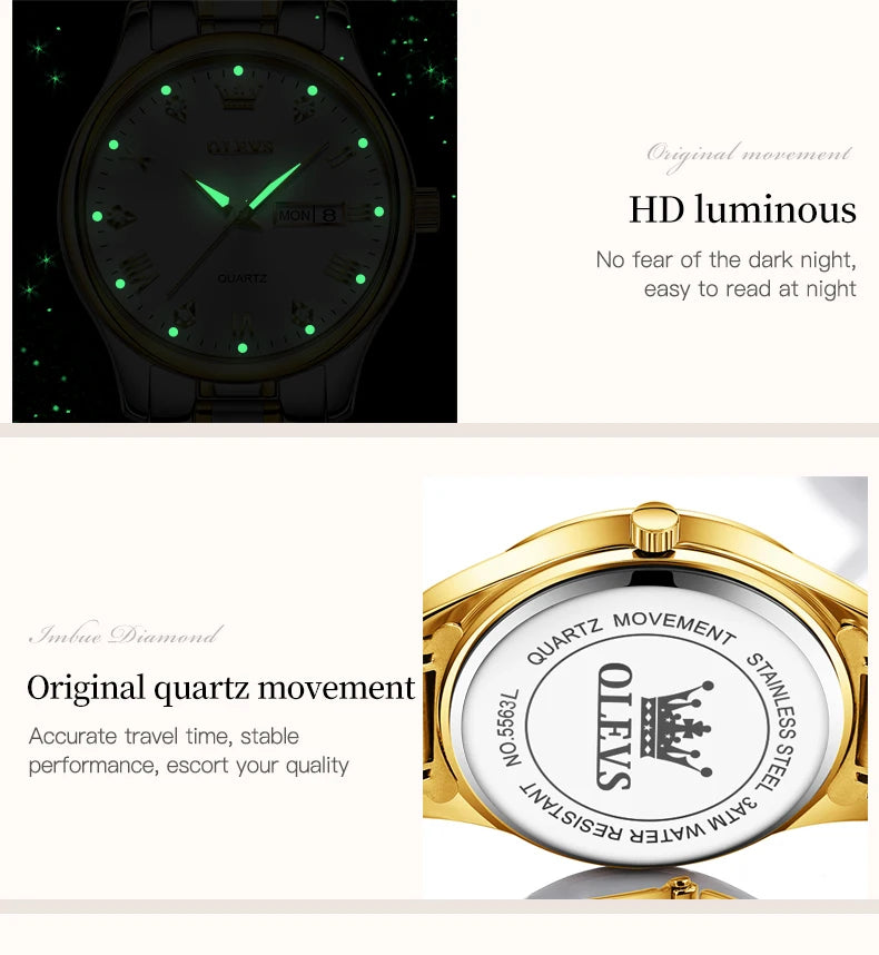 OLEVS Reloj de pulsera para mujer, relojes originales para mujer, de acero inoxidable impermeable, de lujo, de cuarzo, reloj de pulsera para mujer, dorado, Reloj Hombre