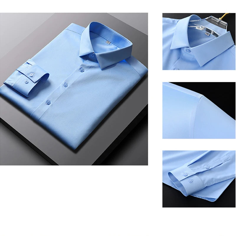 Camisa de manga larga de color liso para hombre, informal y a la moda, que no necesita planchado y es resistente a las arrugas, top de negocios