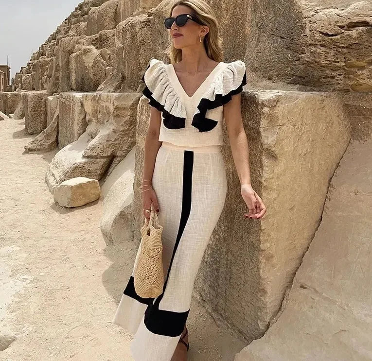 Elegantes Conjuntos de Falda para Mujer Cuello de Pico Manga Volante Top Contraste Falda de Cintura Alta Femenina Conjunto de 2 Piezas Vacaciones 2024 Traje de Falda sin Mangas