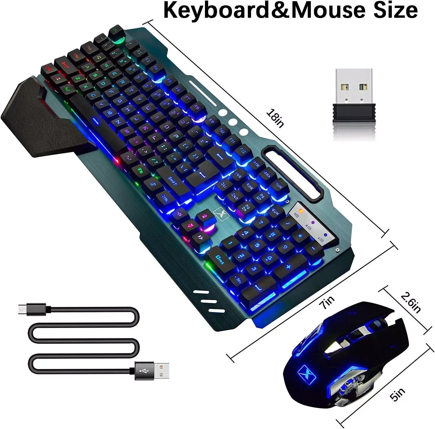 Teclado y ratón inalámbricos para juegos con retroiluminación arcoíris/RGB, teclado recargable y ratón para juegos de 7 colores silencioso con alfombrilla