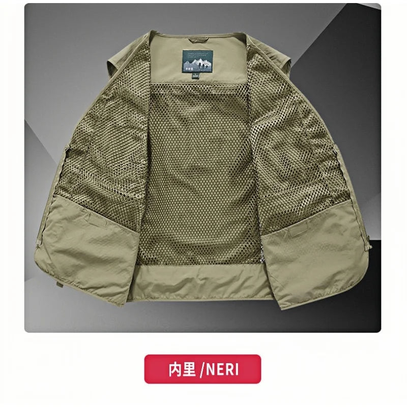 Chaleco de hombre, verano, casual, para fotografía, pesca, chaleco multibolsillos, de ocio al aire libre, para montañismo, sin mangas, con cuello en V, logotipo personalizado