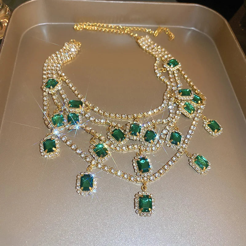 Luksuriøse krystallsmykkesett til kvinner Brudekjole Blå stein Zirkonia Smaragdgrønn Halskjede Øredobber Bryllupsfest Gave