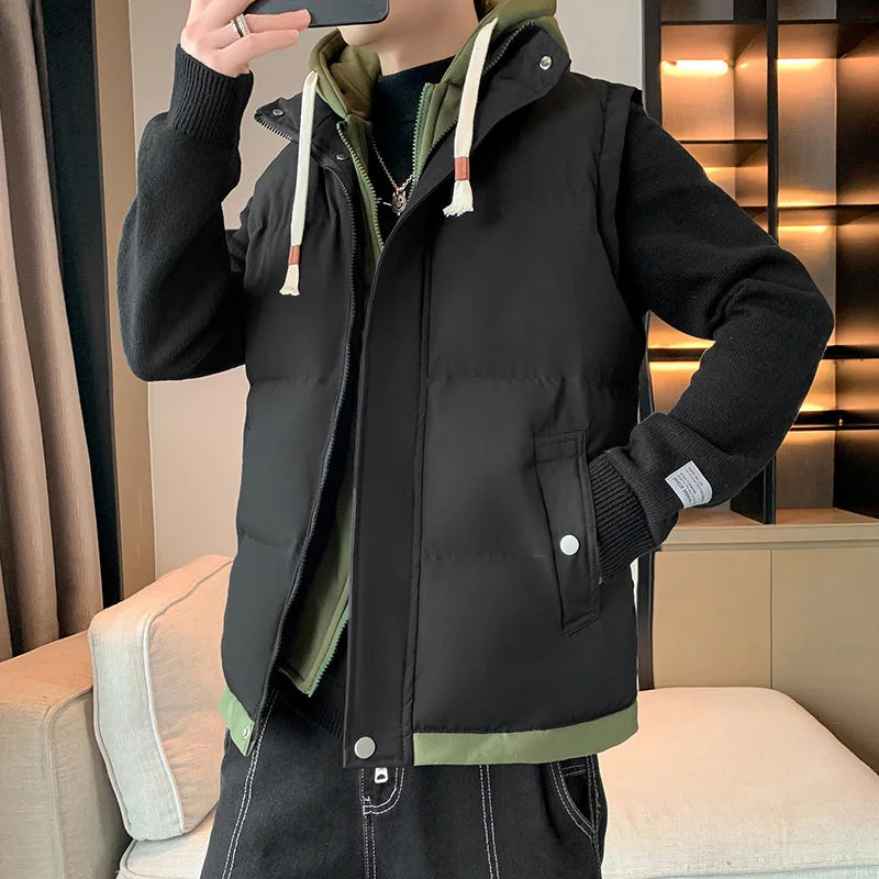 Chaleco cortavientos con capucha para hombre, chaqueta sin mangas, chaqueta de invierno, abrigo informal, chaleco grueso de algodón y plumón para hombre, abrigo grueso