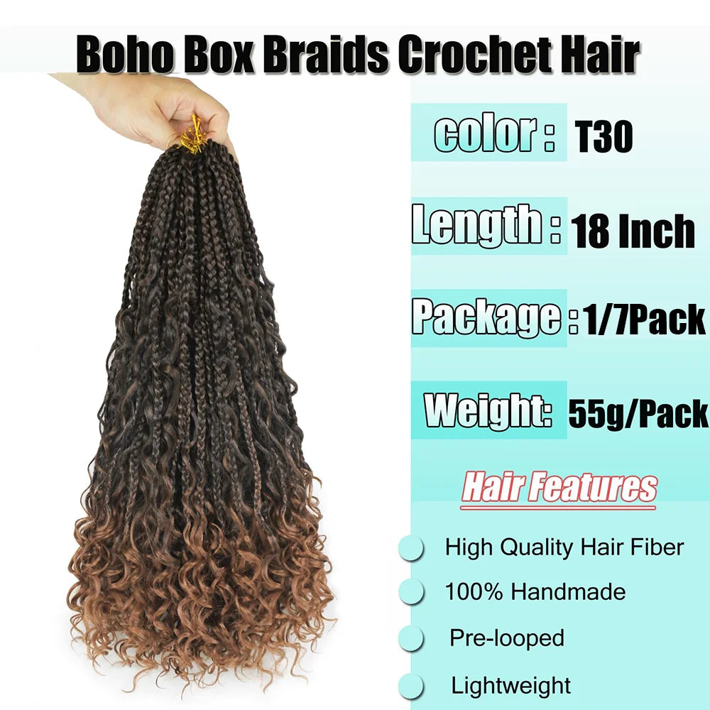 1/7 Paquetes de trenzas Goddess Box Braids de 10 a 24 pulgadas, pre-bucle, Boho Box Braids con puntas rizadas, cabello sintético para trenzas de ganchillo 3X