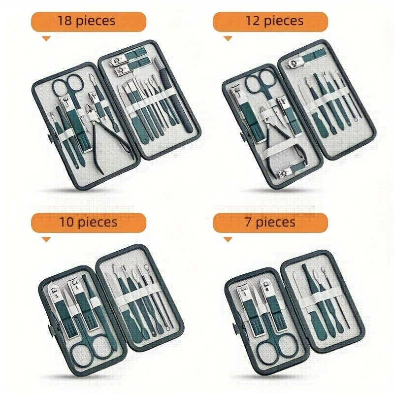 Kit profesional de 7/10/12/18 piezas para el cuidado de uñas, set de manicura y pedicura de acero inoxidable, set de cortauñas con estuche de viaje