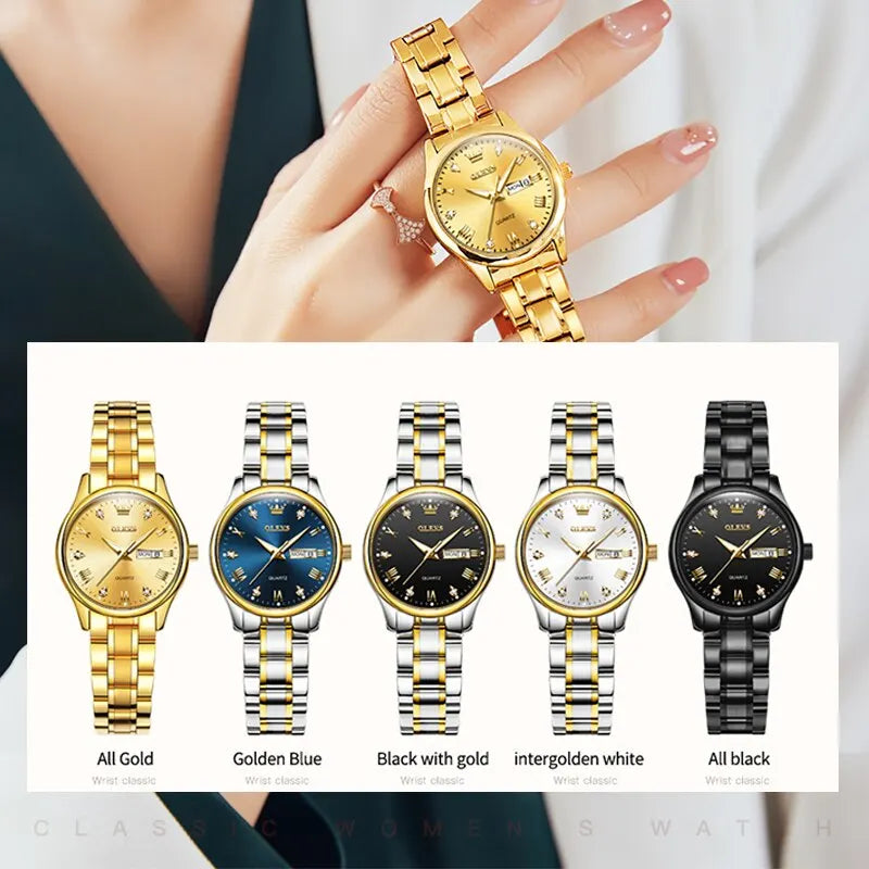 OLEVS Reloj de pulsera para mujer, relojes originales para mujer, de acero inoxidable impermeable, de lujo, de cuarzo, reloj de pulsera para mujer, dorado, Reloj Hombre