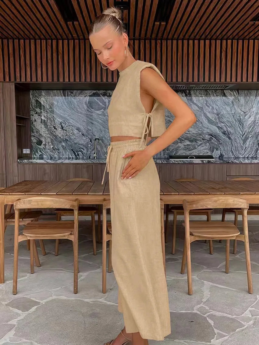 Cotton And Linen Pant Sets Women Sleeveless Leace-up Short Tops Drawstring Long Pants Two Piece Set Commuting 2025 Summer New