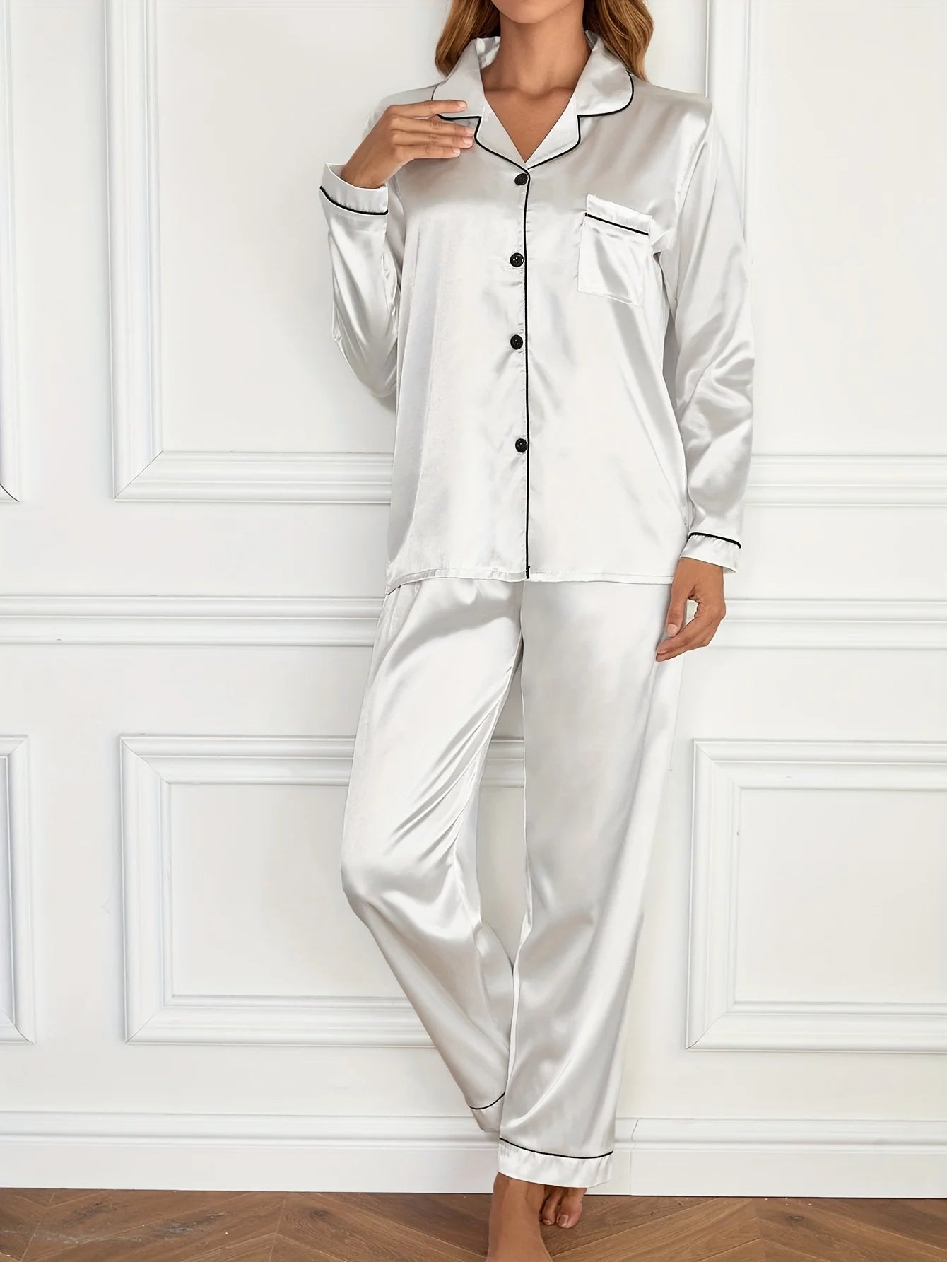 Conjunto de pijama liso de manga larga con botones y cuello tipo solapa, top y pantalones, conjunto de ropa de dormir y de estar para mujer