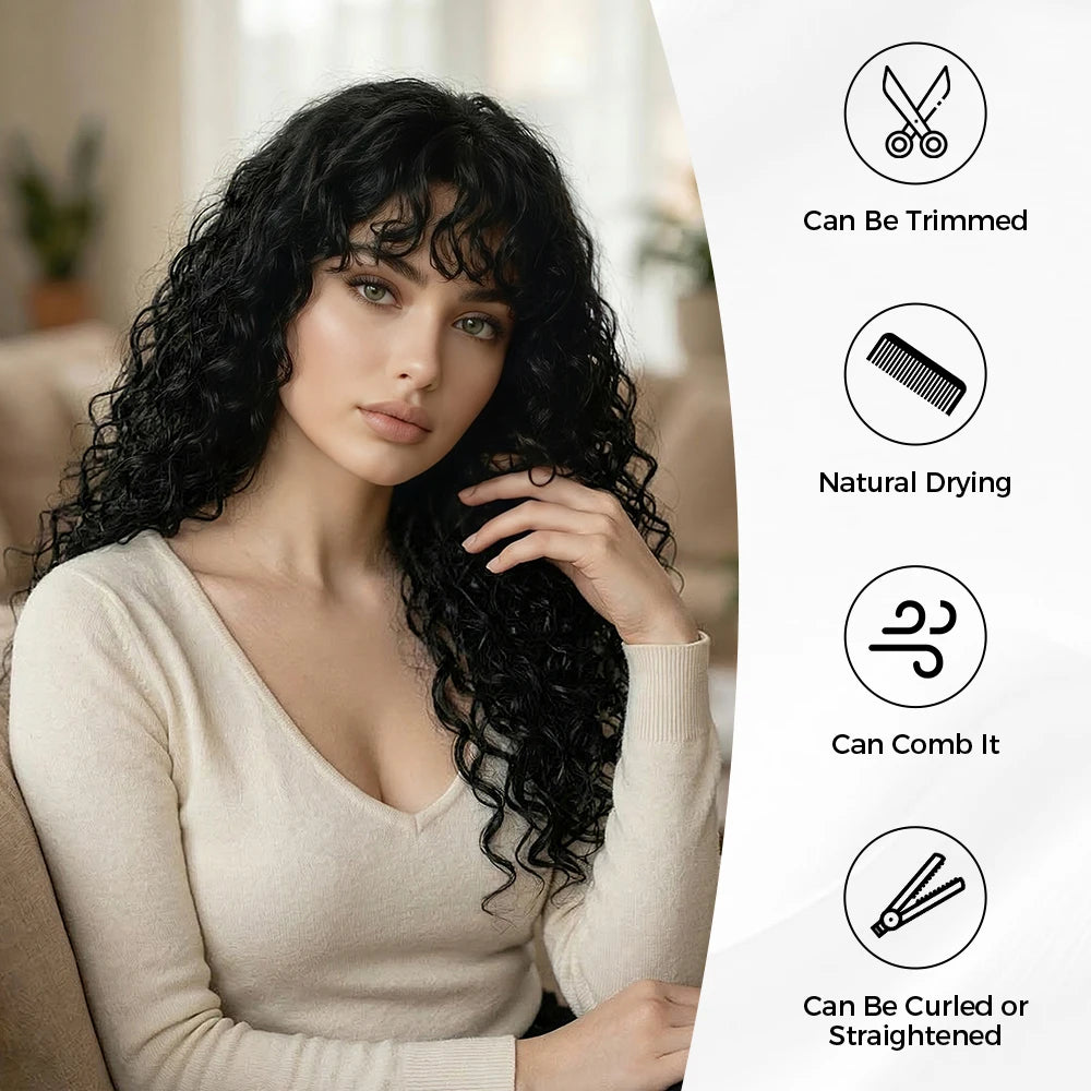 Deep Wave Black Wigs with Bangs Fluffy Long Curly Hair Wigs for Black Women White Women Natural Looking Heat Resistant Fiber