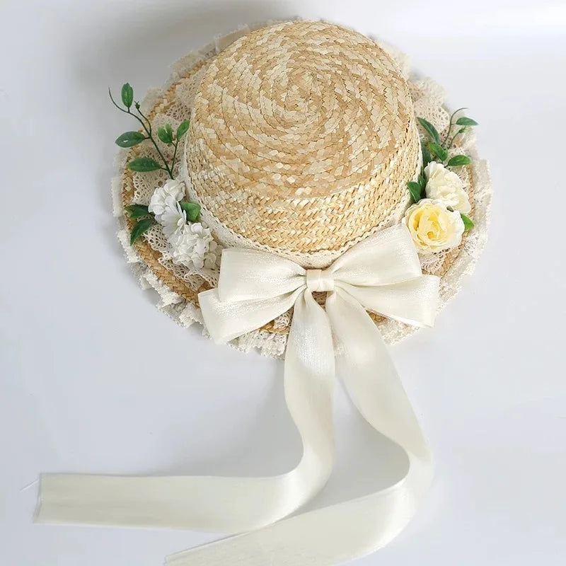 Elegante sombrero Lolita hecho a mano con diseño original BNT estilo pastoral, sombrero de paja de verano para mujer.