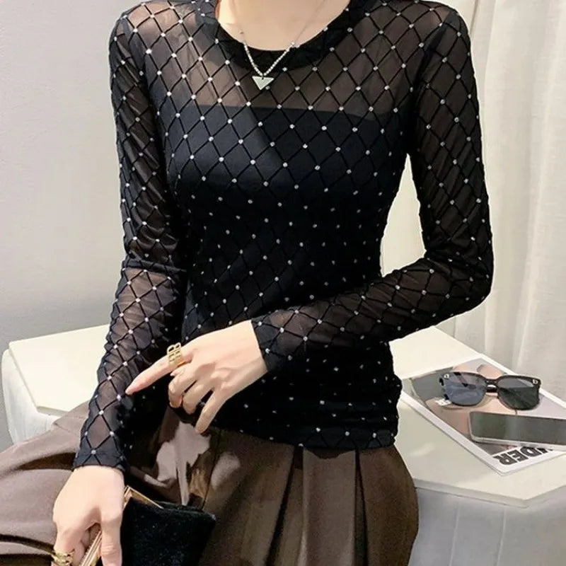 Women Clothing Spring Autumn Korean Fashion Sexy See Through Mesh Rhinestone Basic T Shirt Elegant O Neck Long Sleeve Slim Tops