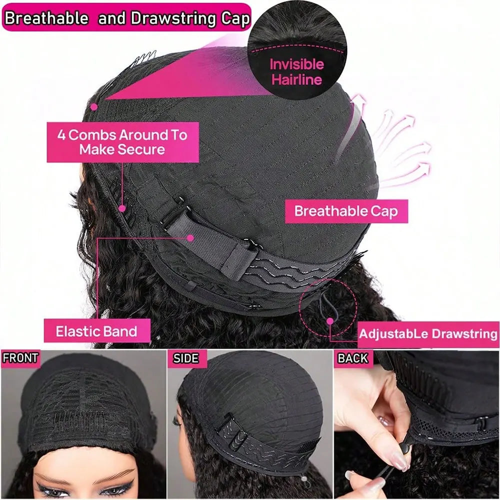 Media Peluca de Cabello Humano Jerry Rizado Sin Costuras, Rizo Kinky 3 en 1, Media Peluca Sin Pegamento, Peluca con Diadema y Clips, Sin Coser, Color Negro