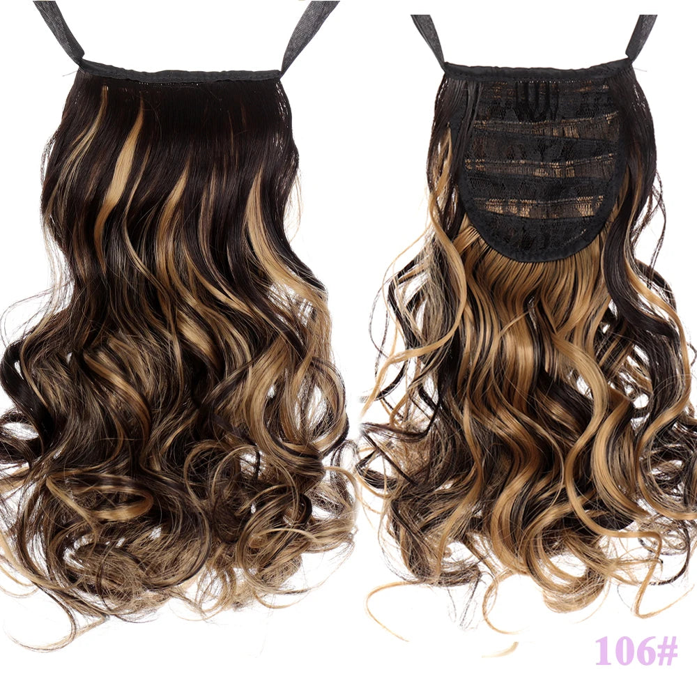 Extensiones de cabello sintético resistente al calor Allaosify marrón negro extensiones de cola de caballo con cordón de 12 pulgadas.