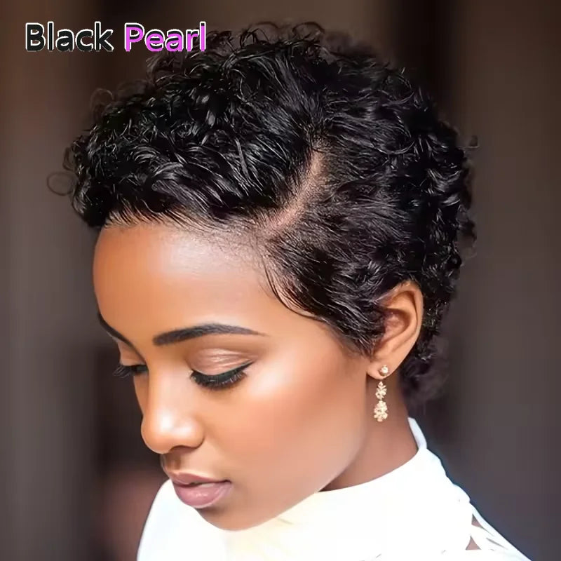 Perruque courte Bob Black Pearl, coupe Pixie, perruque de cheveux humains bouclés pour femmes, couleur noire, fermeture à lacet T, perruque en dentelle Deep Wave