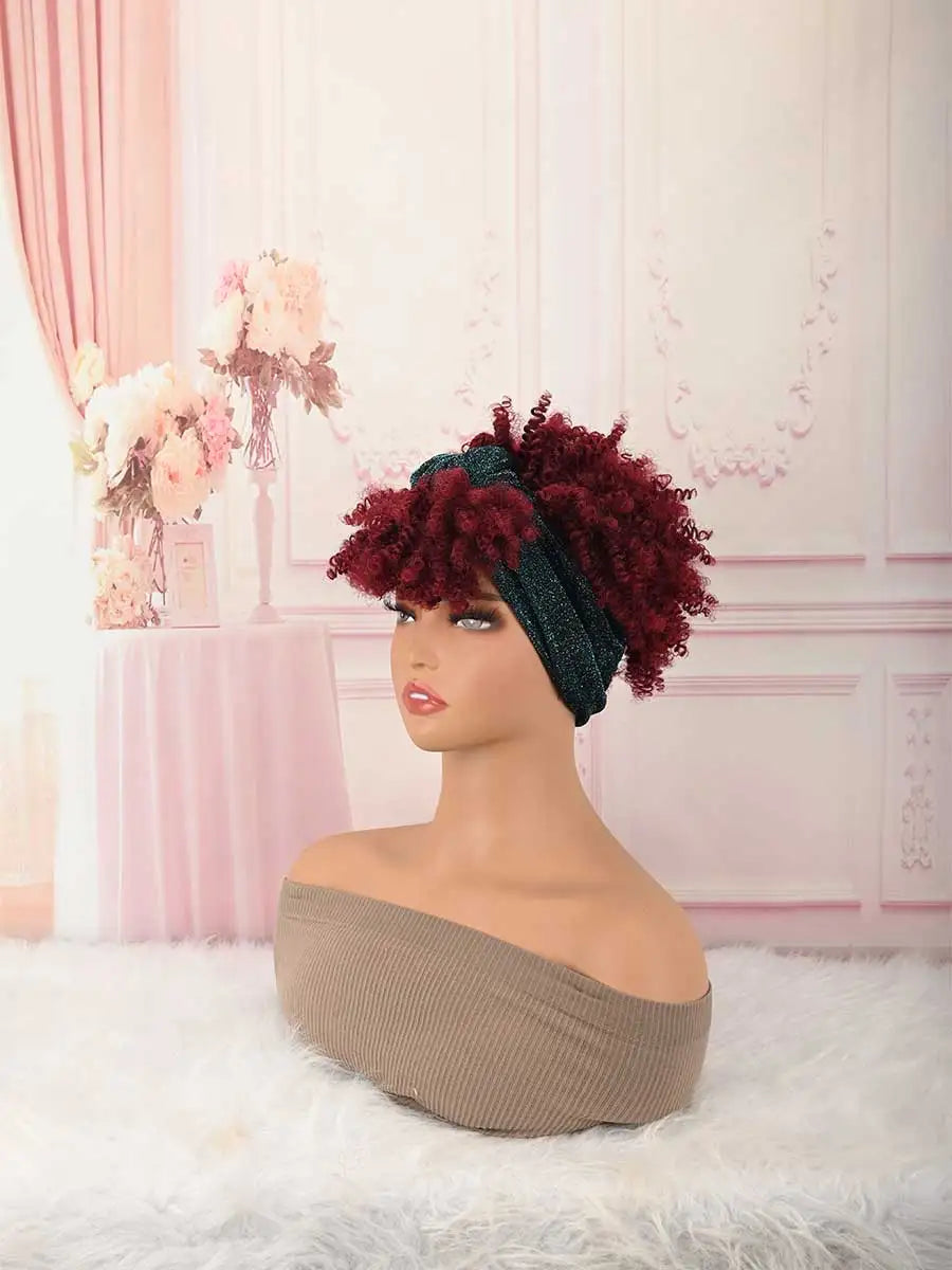 Headband Wig Curly Headband Wig With Bangs For Women Synthetic Afro Curly Hair Wig With Headband Attached Short Kinky Curly Afro High Puff With Bangs Stripes Short Red Curly Wigs with Bangs for Women, Natural Wavy Synthetic H