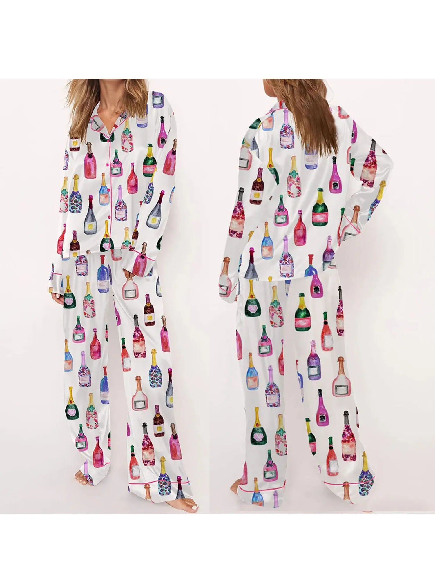 Conjuntos de pijamas de satén para mujer, 2 piezas, botella de champán, copas de vino, camisa de manga larga con botones, pantalones, ropa de satén de seda para estar en casa