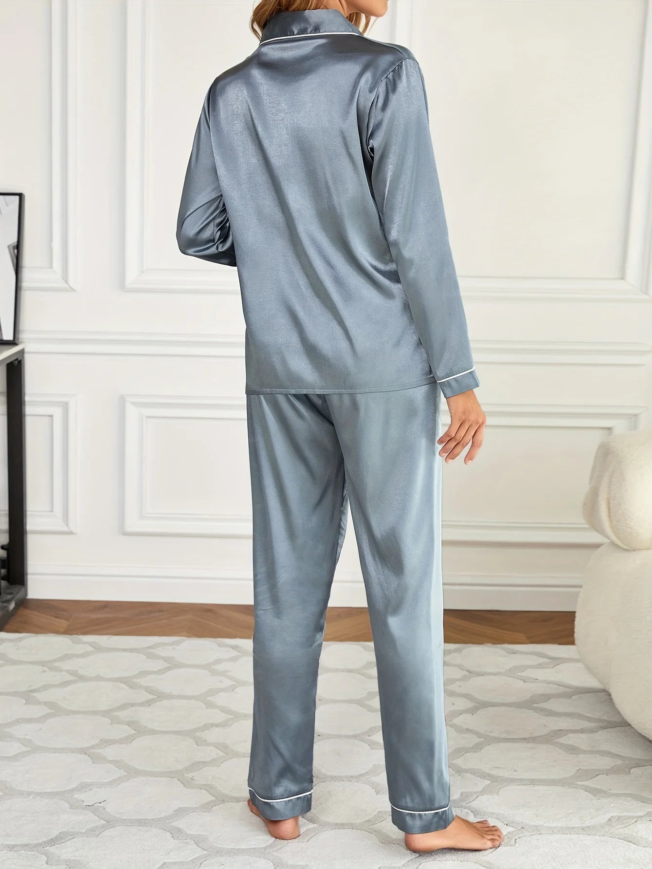 Conjunto de pijama liso de manga larga con botones y cuello tipo solapa, top y pantalones, conjunto de ropa de dormir y de estar para mujer