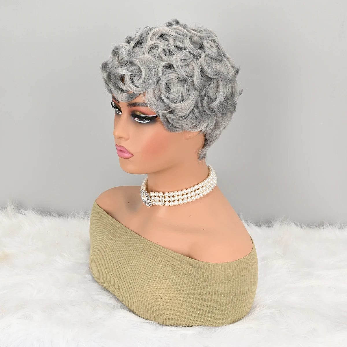 Gray short curly hair with fringe, suitable for daily and festive wear as a synthetic wig.
